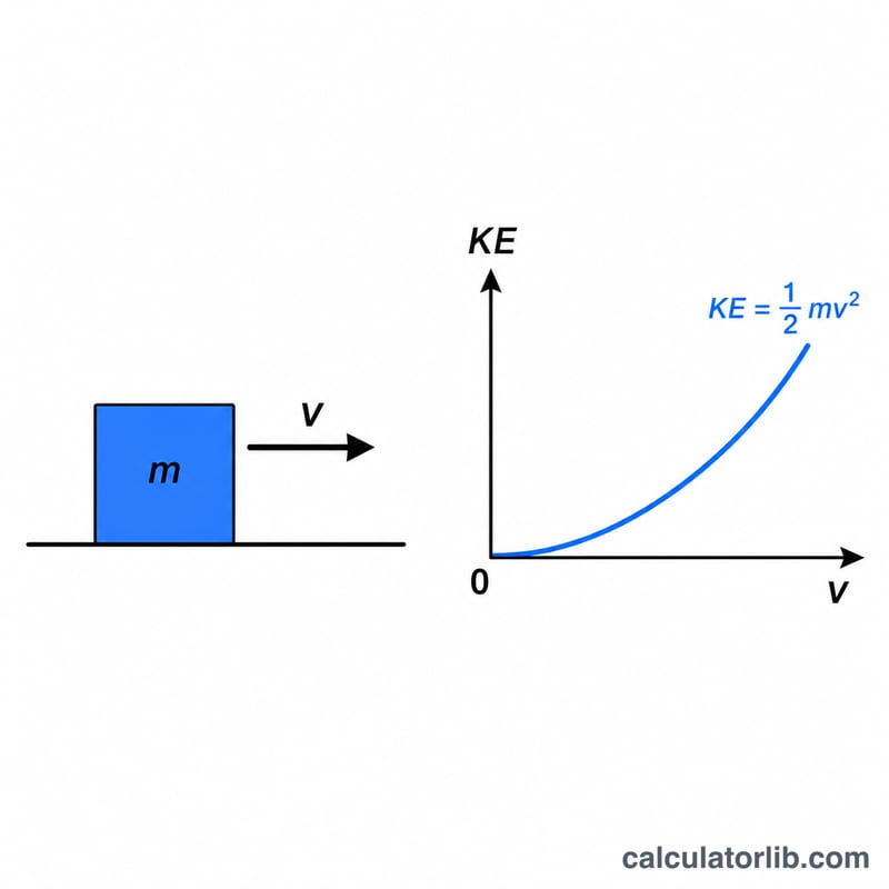 Moving mass with velocity arrow and a KE-versus-velocity rising curve