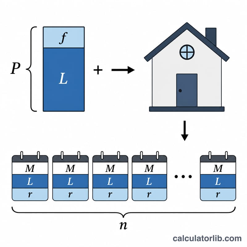Diagram showing how a VA loan amount is built from base loan plus financed funding fee, then split into monthly principal and interest payments