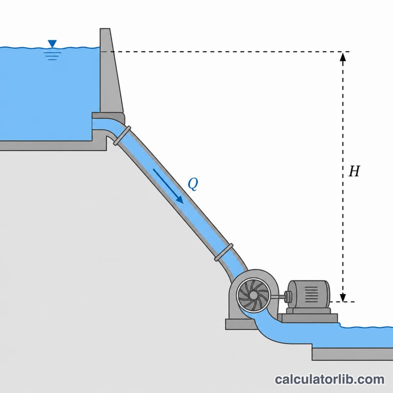 Cross-section of a hydropower system showing head height H and flow rate Q from reservoir to turbine