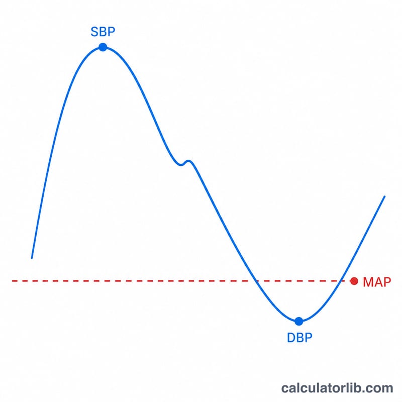 Diagram of an arterial pressure waveform over one cardiac cycle showing systolic peak, diastolic trough, and the mean arterial pressure line