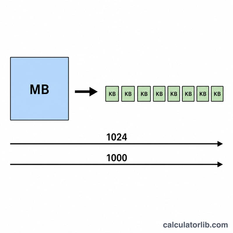 Diagram showing one megabyte splitting into kilobytes via 1024 or 1000 multiplier