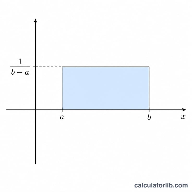 Flat rectangular probability density function of a continuous uniform distribution on interval a to b at constant height 1 over b minus a.