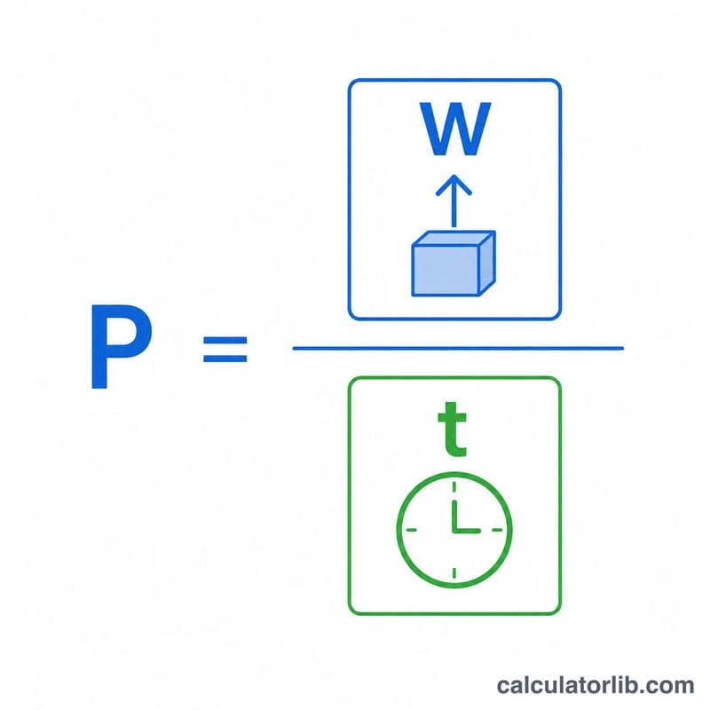 Diagram showing power as work divided by time with P, W and t symbols