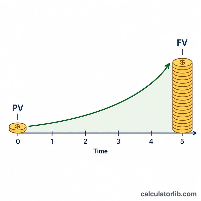 Một khoản tiền PV tăng theo đường cong đi lên thành FV lớn hơn theo thời gian