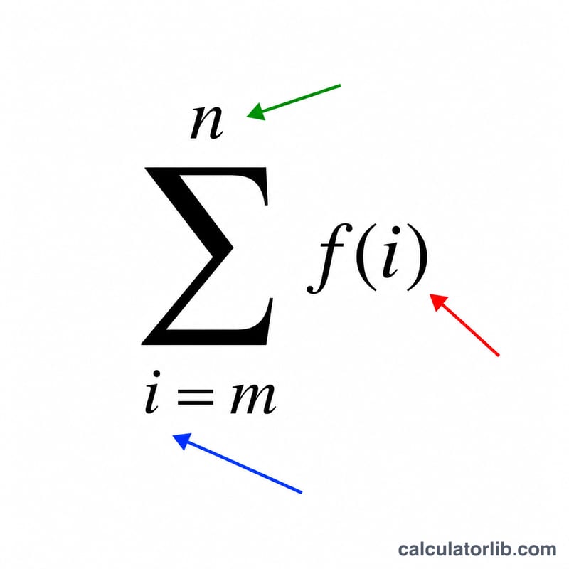 Sigma notation with labeled index, lower bound, upper bound, and summand function