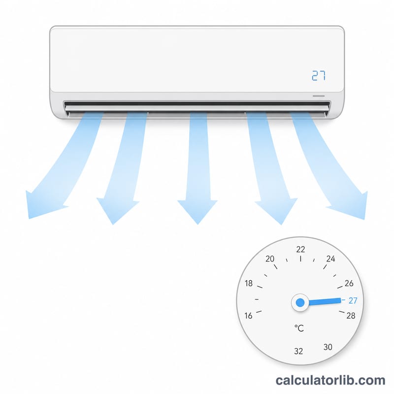 Air conditioner cooling a room with thermostat set near 27 degrees