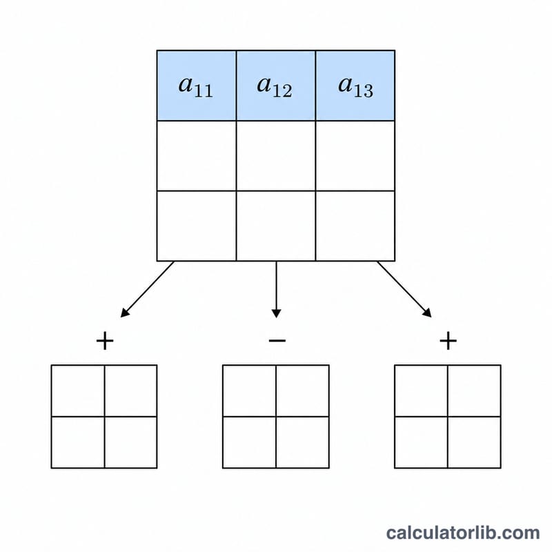 Diagrama del desarrollo por cofactores a lo largo de la primera fila de una matriz 3×3