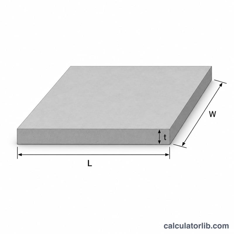 Concrete slab with labeled length, width and thickness dimensions