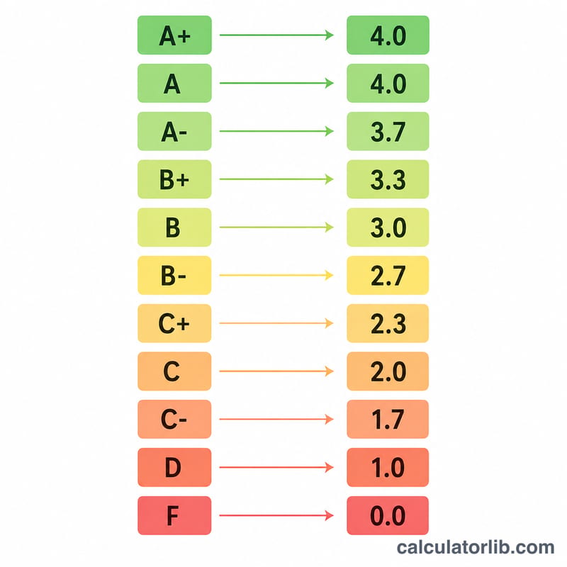 Mapping of letter grades to GPA point values on a 4.0 scale