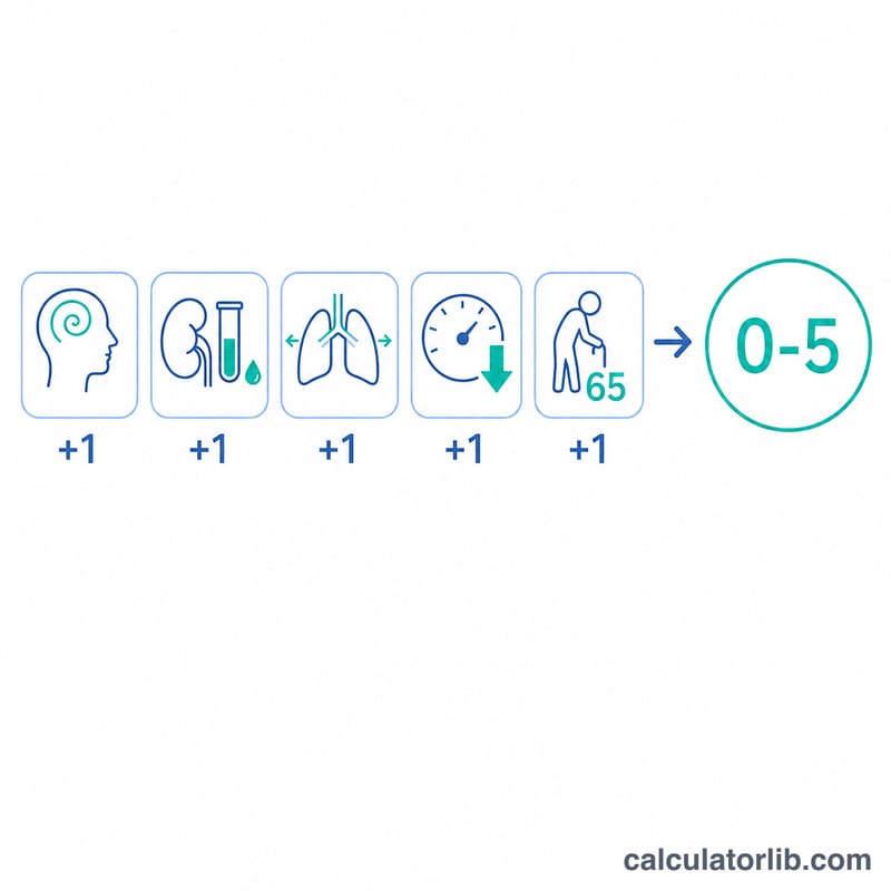 Five CURB-65 criteria each contributing one point summing to a 0 to 5 score