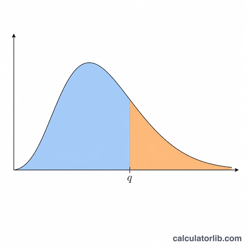 Bell-like density curve of the studentized range distribution with shaded lower and upper tail areas separated by a quantile q