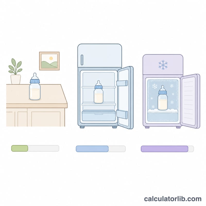 Three storage locations for breast milk with safe-time bars: countertop, refrigerator and freezer