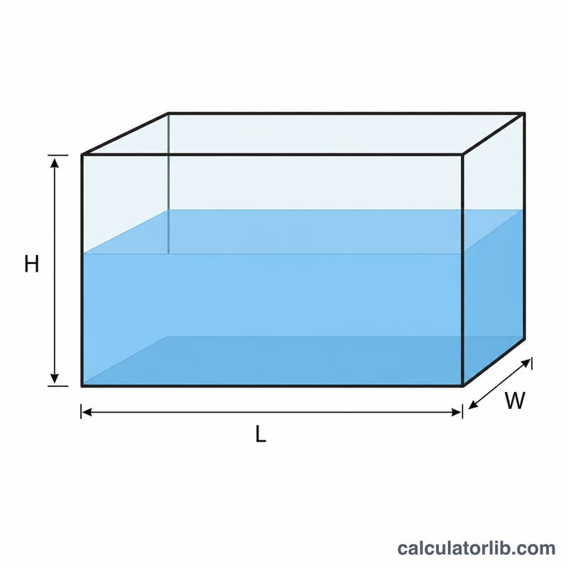 Diagrama de un acuario rectangular con el largo, el ancho y el alto etiquetados