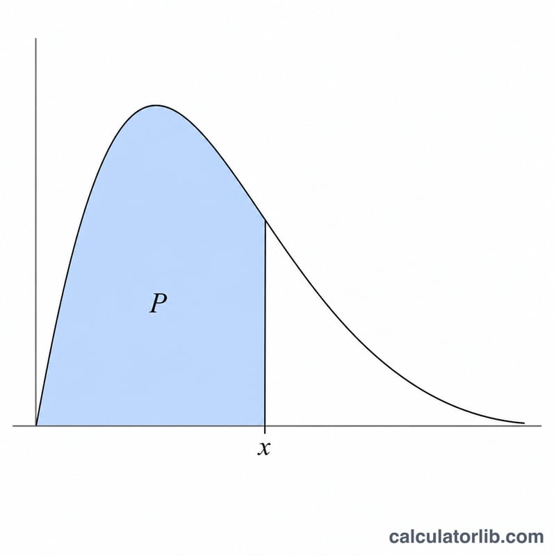 Gamma probability density curve with shaded left area equal to probability P and the quantile x marked on the horizontal axis
