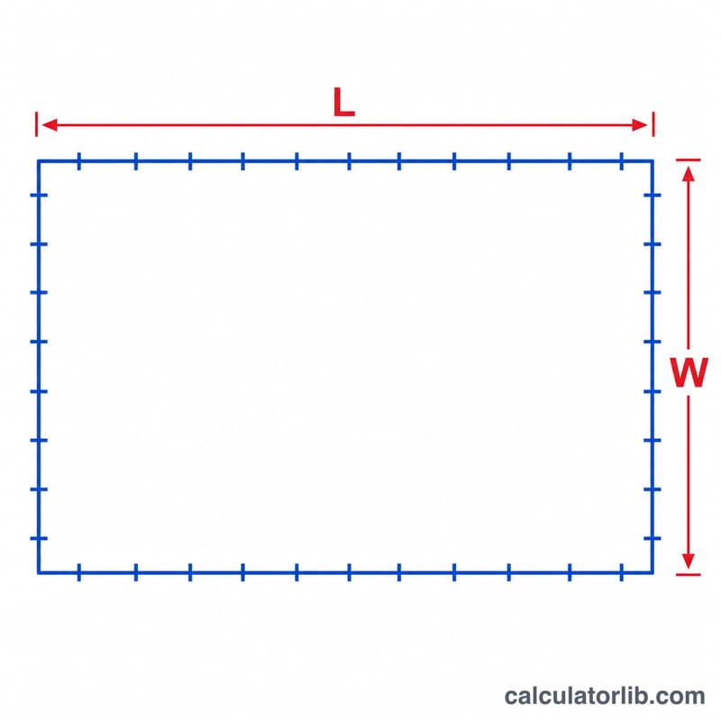 Rectangle with length L and width W and a highlighted perimeter outline representing the fence
