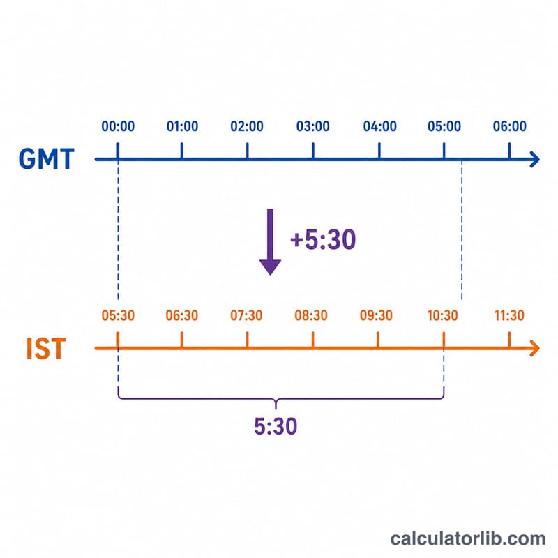 Diagram showing IST is GMT plus 5 hours 30 minutes offset