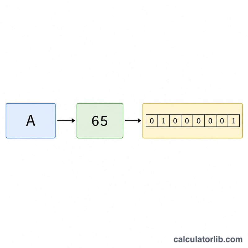 Flow from a letter to its ASCII number to an 8-bit binary string