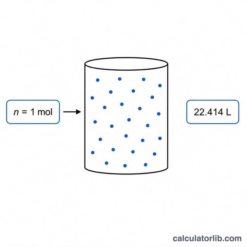 Diagram showing one mole of gas occupying 22.414 liters at STP