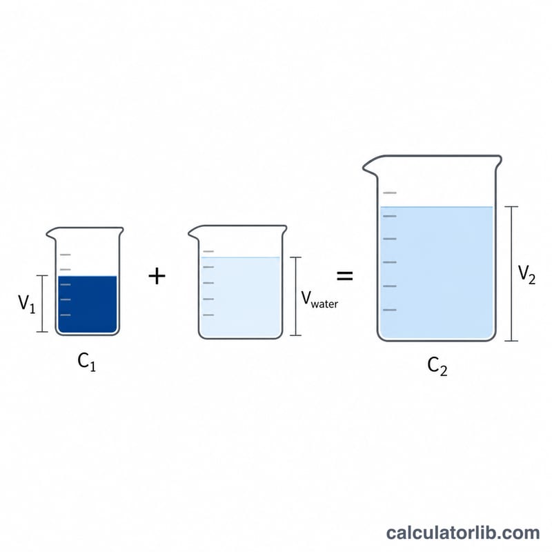 Diagram showing concentrated stock solution plus water combining into a larger volume of diluted solution