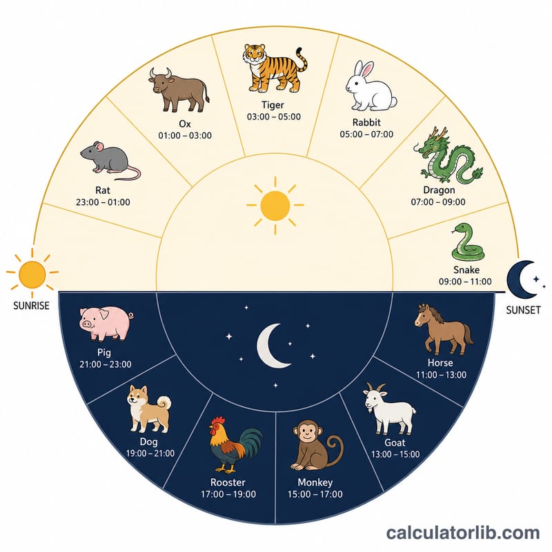 Circular day divided into six daylight and six night temporal hours marked by zodiac symbols