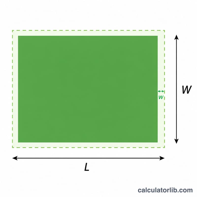 Rectangular lawn area with length and width labels and a thin waste overage border