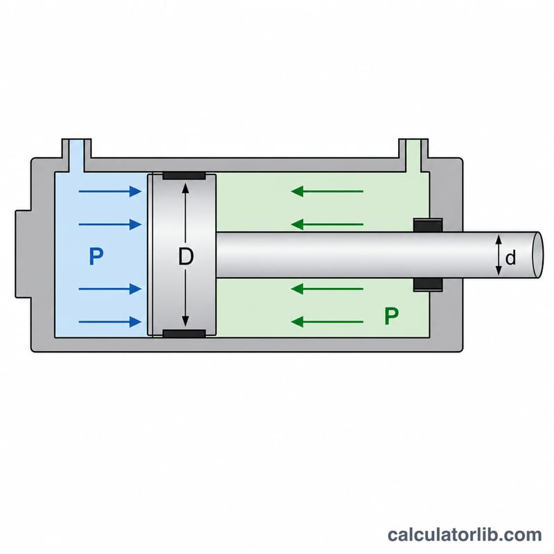 Hydraulic cylinder cross-section showing bore diameter D, rod diameter d, and pressure P