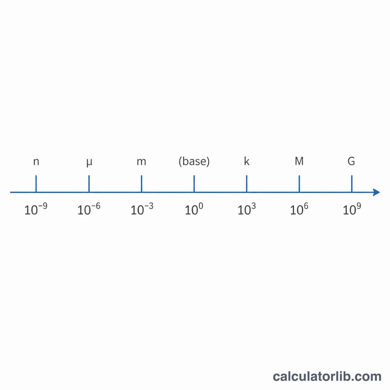 Number line of SI prefixes spaced by powers of ten from nano to giga