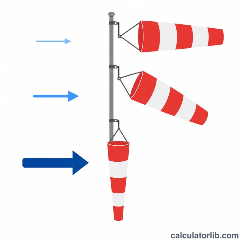 Windsock on a pole at different inflation angles indicating increasing wind speed