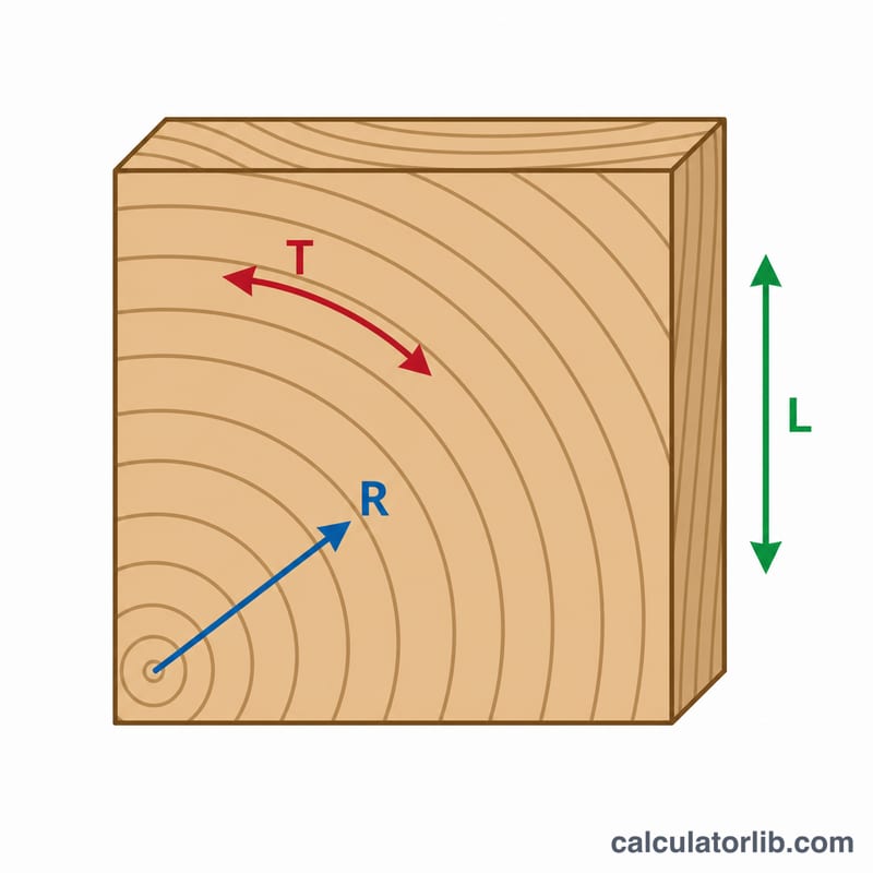 Wood board cross-section showing shrinkage along three axes: tangential, radial, and longitudinal with growth rings