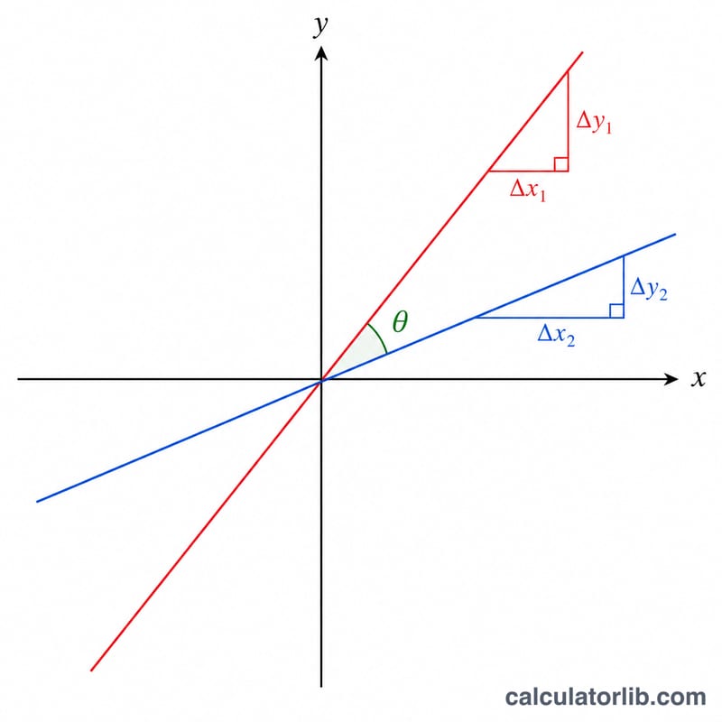 Two intersecting lines on a coordinate plane with the acute angle theta marked between them