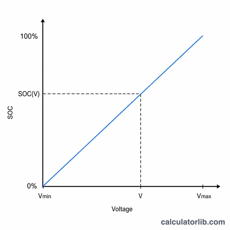 Linear interpolation graph mapping battery voltage between Vmin and Vmax to state of charge percentage