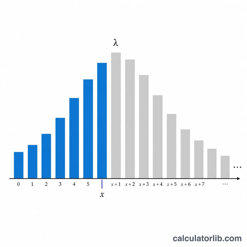 Poisson bar chart with bars from 0 to x shaded as the lower cumulative probability