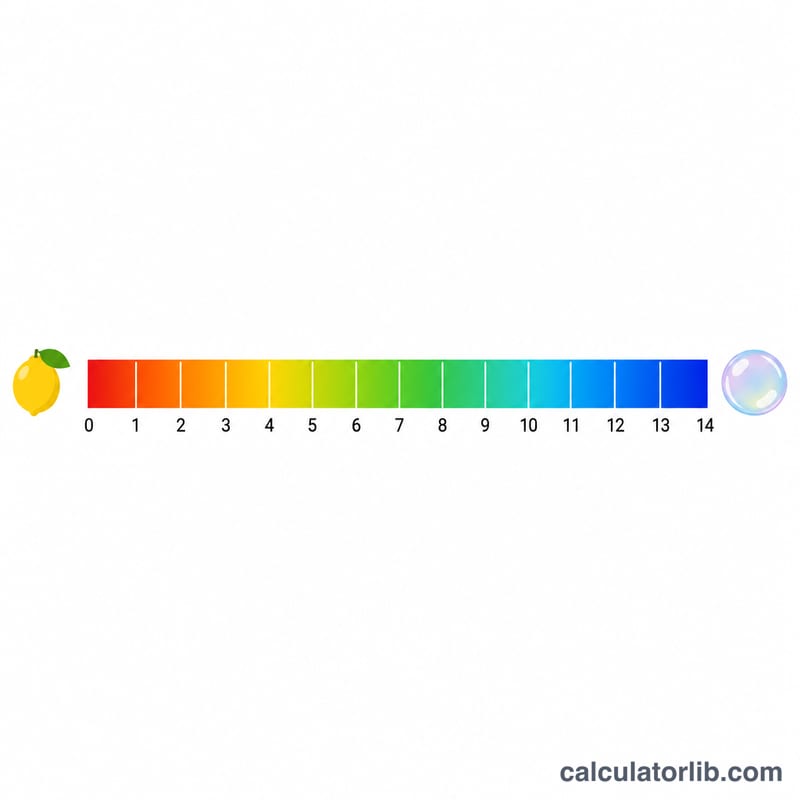 Horizontal scale showing pH from 0 to 14 with acidic, neutral, and basic regions