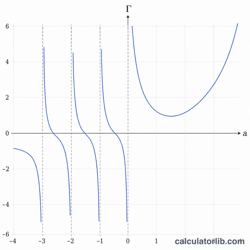 Smooth curve of the Gamma function plotted against the argument a, showing factorial-like growth and poles at non-positive integers