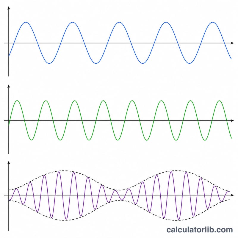 Two sine waves of slightly different frequency adding to produce an amplitude-modulated beat waveform