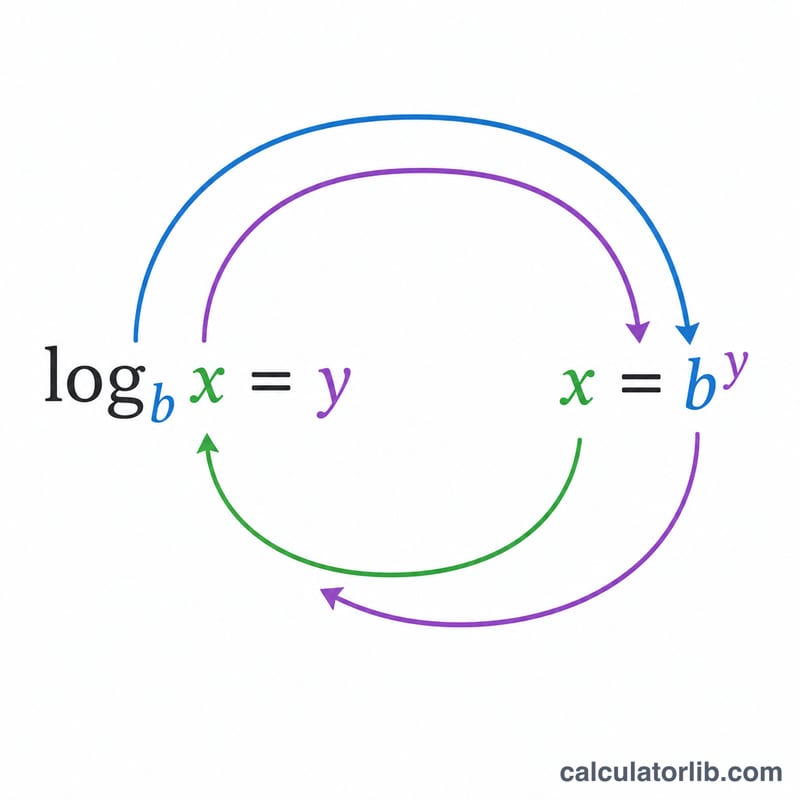 Diagram converting log_b(x)=y into exponential form x=b^y