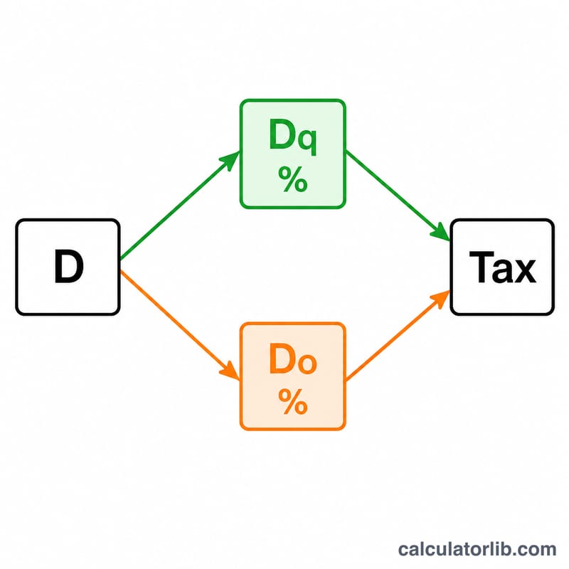 Diagram splitting total dividends into qualified and ordinary portions taxed at two different rates