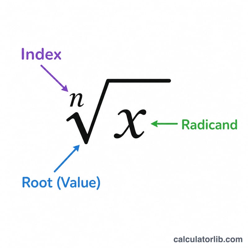 Labeled parts of a radical: index n, radicand x, and root symbol