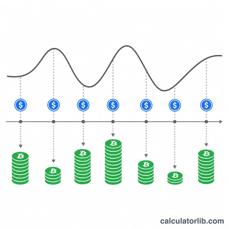 Fixed periodic crypto buys accumulating coins over time despite a fluctuating price line
