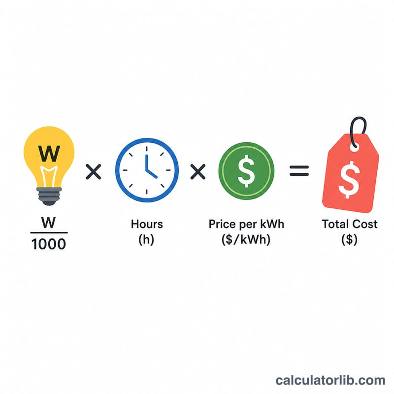 功率除以1000再乘以小時數和每度電價等於費用的示意圖