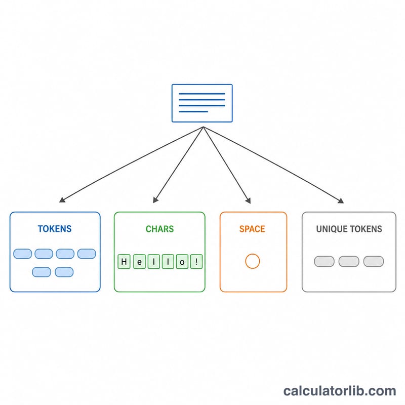 Diagram showing a text block broken down into words, characters, spaces, and unique words