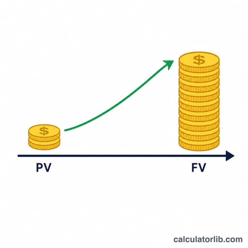 Timeline showing a present value growing into a larger future value over time