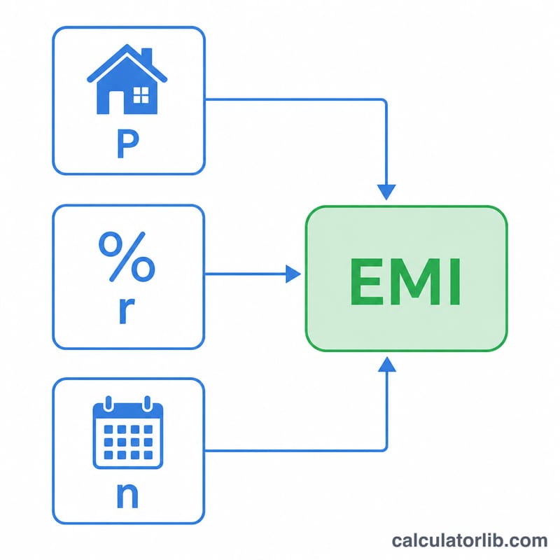 Diagram showing EMI formula components: principal P, monthly rate r, number of months n combining into a fixed monthly payment