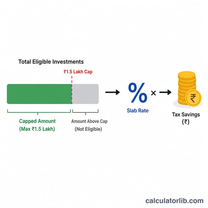 Diagram of capped 80C investment multiplied by slab rate to give tax saved