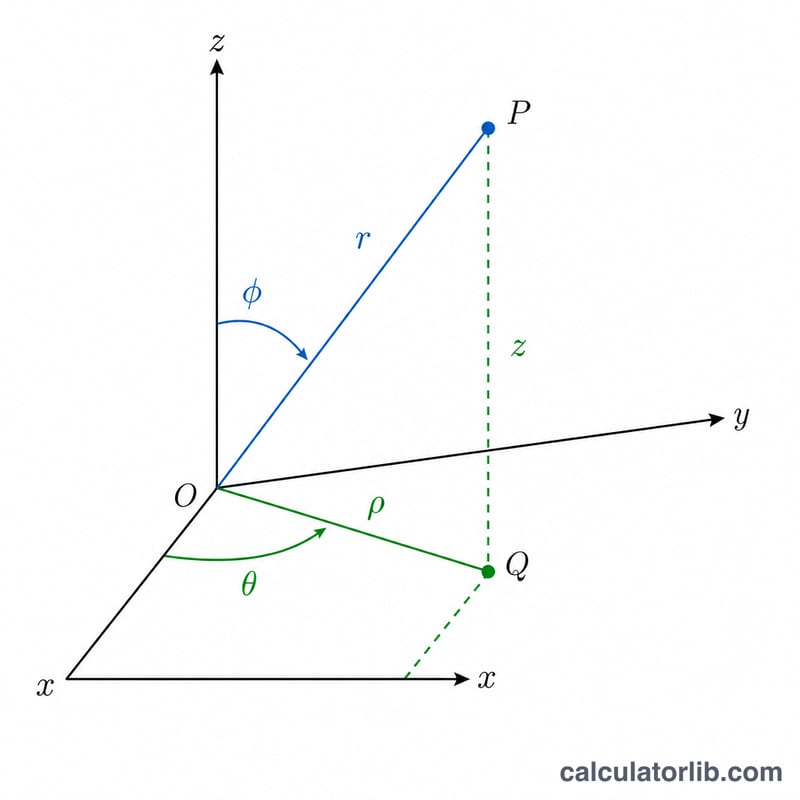 3D diagram comparing cylindrical and spherical coordinates of one point
