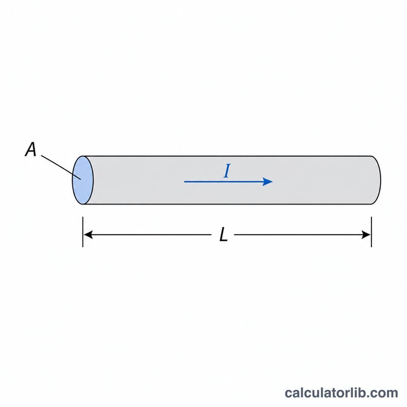 Diagram of a cylindrical wire showing length L, cross-sectional circular area A, and current flow