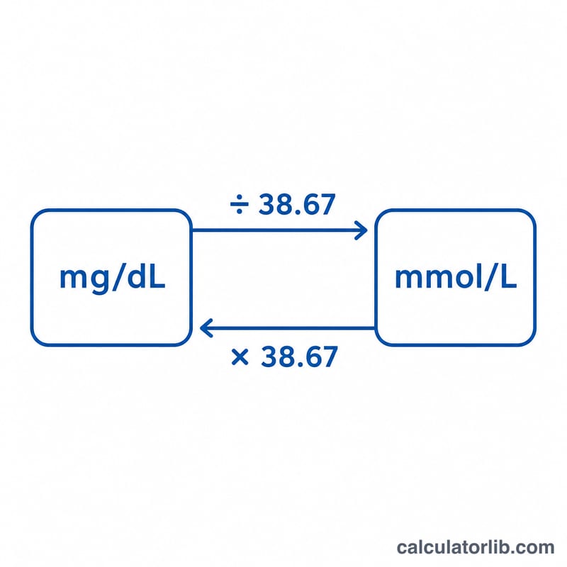 Diagram showing conversion between mg/dL and mmol/L using division and multiplication by 38.67