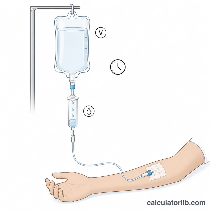 IV bag, drip chamber with falling drops, and tubing into an arm