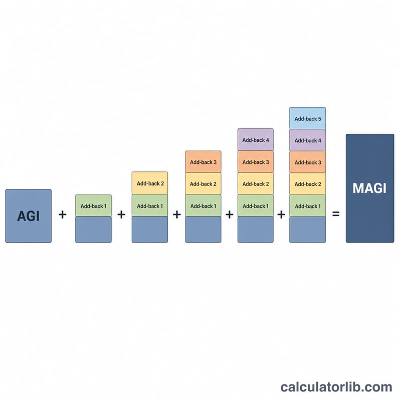 圖示：AGI 加上若干加回項目等於 MAGI