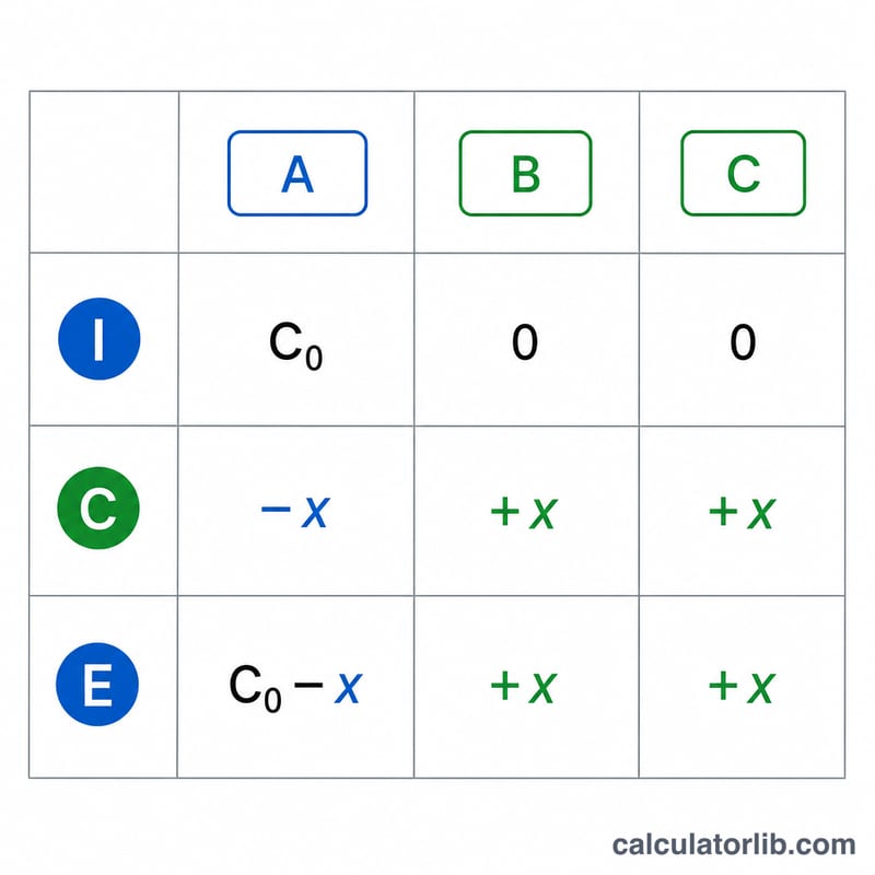 ICE table grid showing initial, change and equilibrium rows for a reaction with reactant and two products